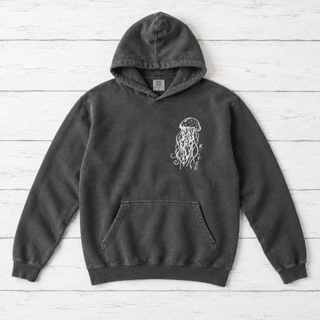 Salt Rooted Jellyfish hoodie flat lay on whitewashed boards