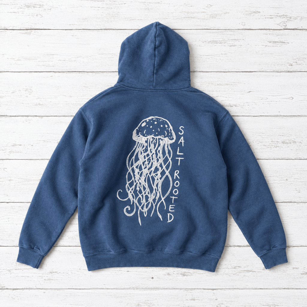Salt Rooted Jellyfish hoodie flat lay on whitewashed boards