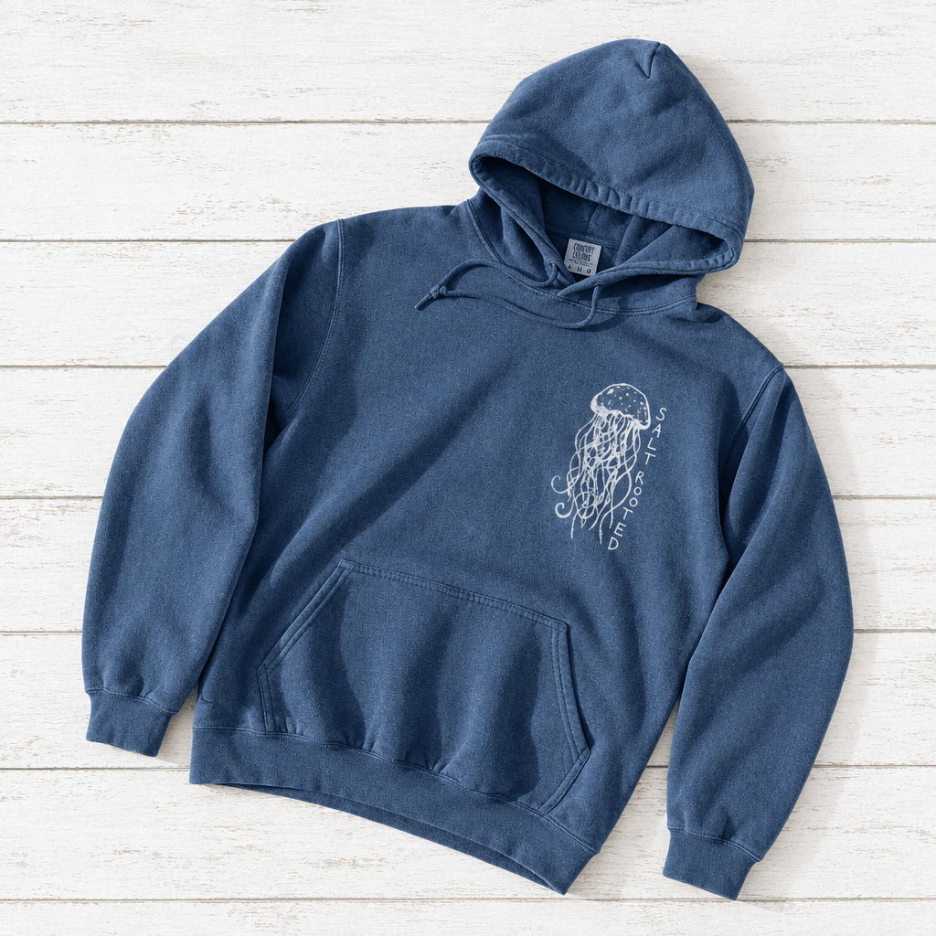 Salt Rooted Jellyfish hoodie flat lay on whitewashed boards