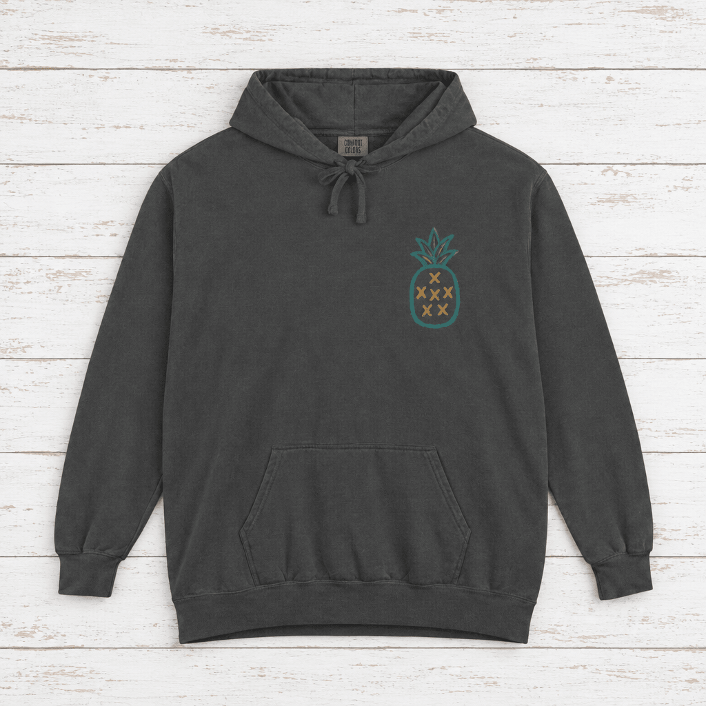 Salt Rooted Pineapple hoodie flat lay, view 2 — coastal graphic pullover by Five Tides Apparel