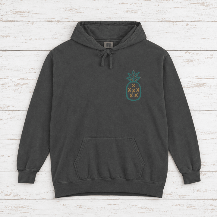 Salt Rooted Pineapple hoodie flat lay, view 2 — coastal graphic pullover by Five Tides Apparel
