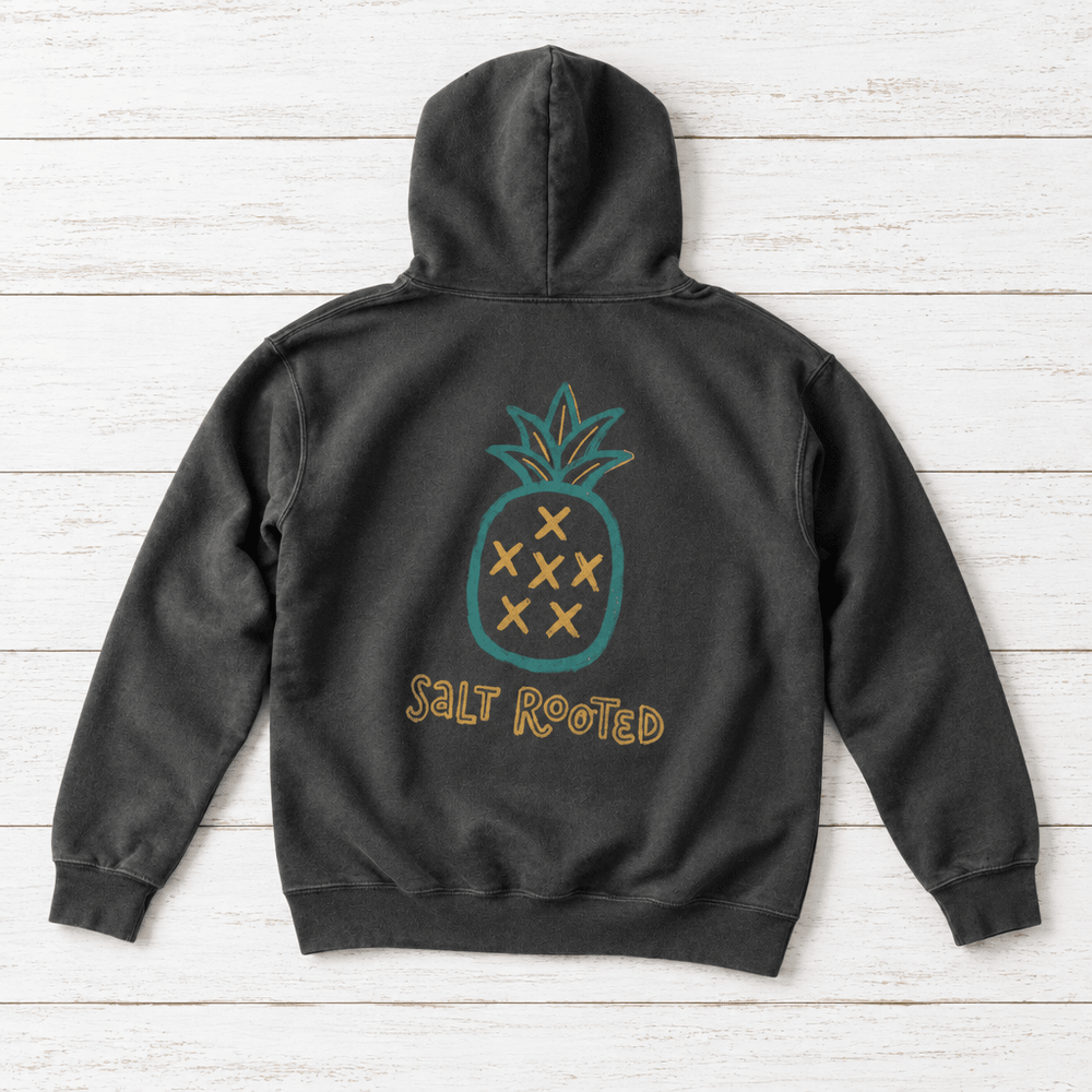 Salt Rooted Pineapple hoodie flat lay, view 1 — coastal graphic pullover by Five Tides Apparel