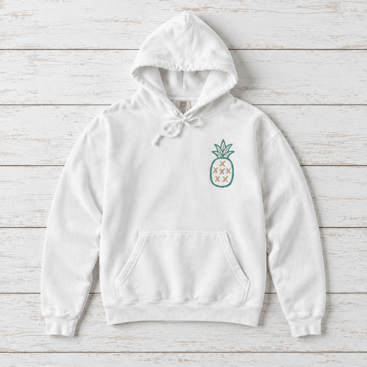 Salt Rooted Pineapple hoodie flat lay, view 4 — coastal graphic pullover by Five Tides Apparel