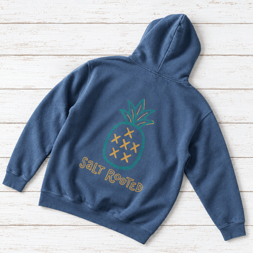 Salt Rooted Pineapple hoodie flat lay, view 5 — coastal graphic pullover by Five Tides Apparel