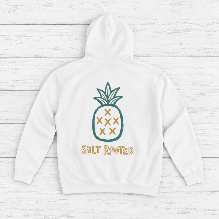 Salt Rooted Pineapple hoodie flat lay, view 3 — coastal graphic pullover by Five Tides Apparel