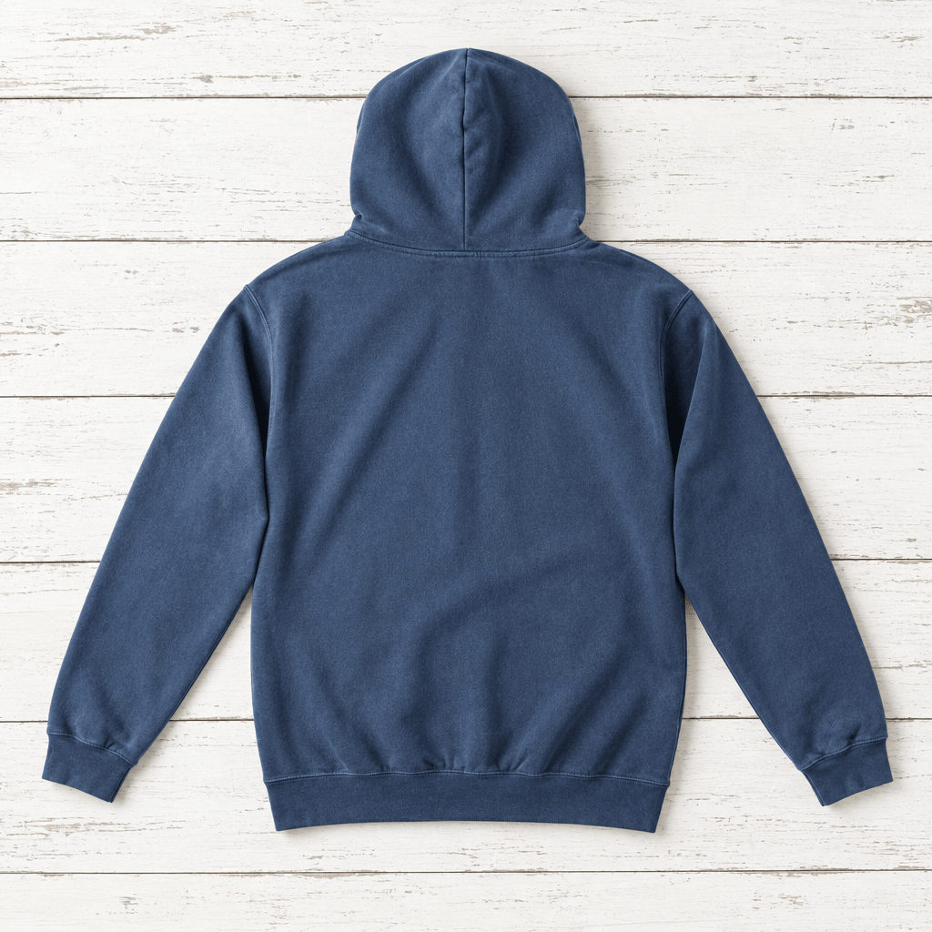 Salt Rooted Wheat hoodie — back view of this garment-dyed coastal graphic pullover by Five Tides Apparel