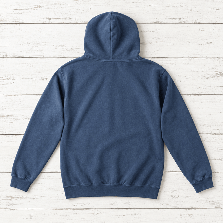Salt Rooted Wheat hoodie — back view of this garment-dyed coastal graphic pullover by Five Tides Apparel