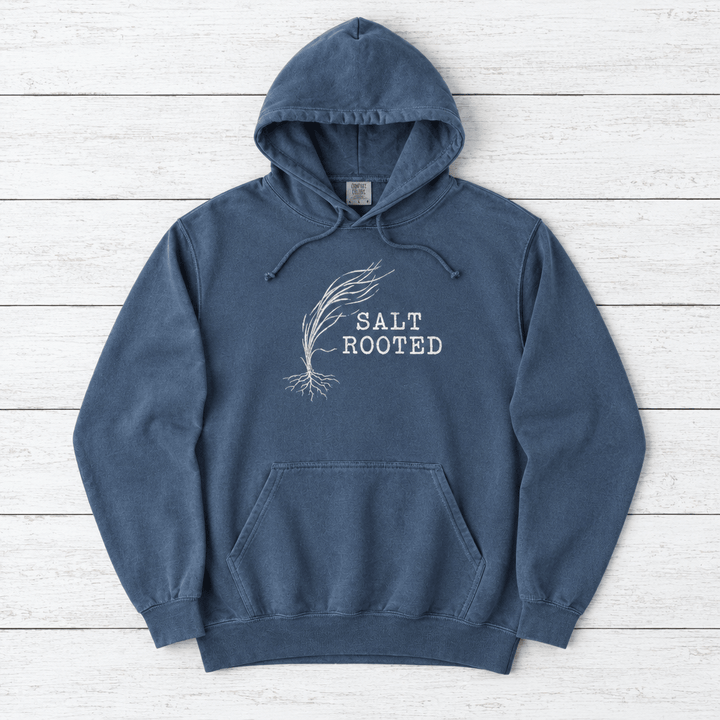 Salt Rooted Wheat  hoodie — front view of this garment-dyed coastal graphic pullover by Five Tides Apparel