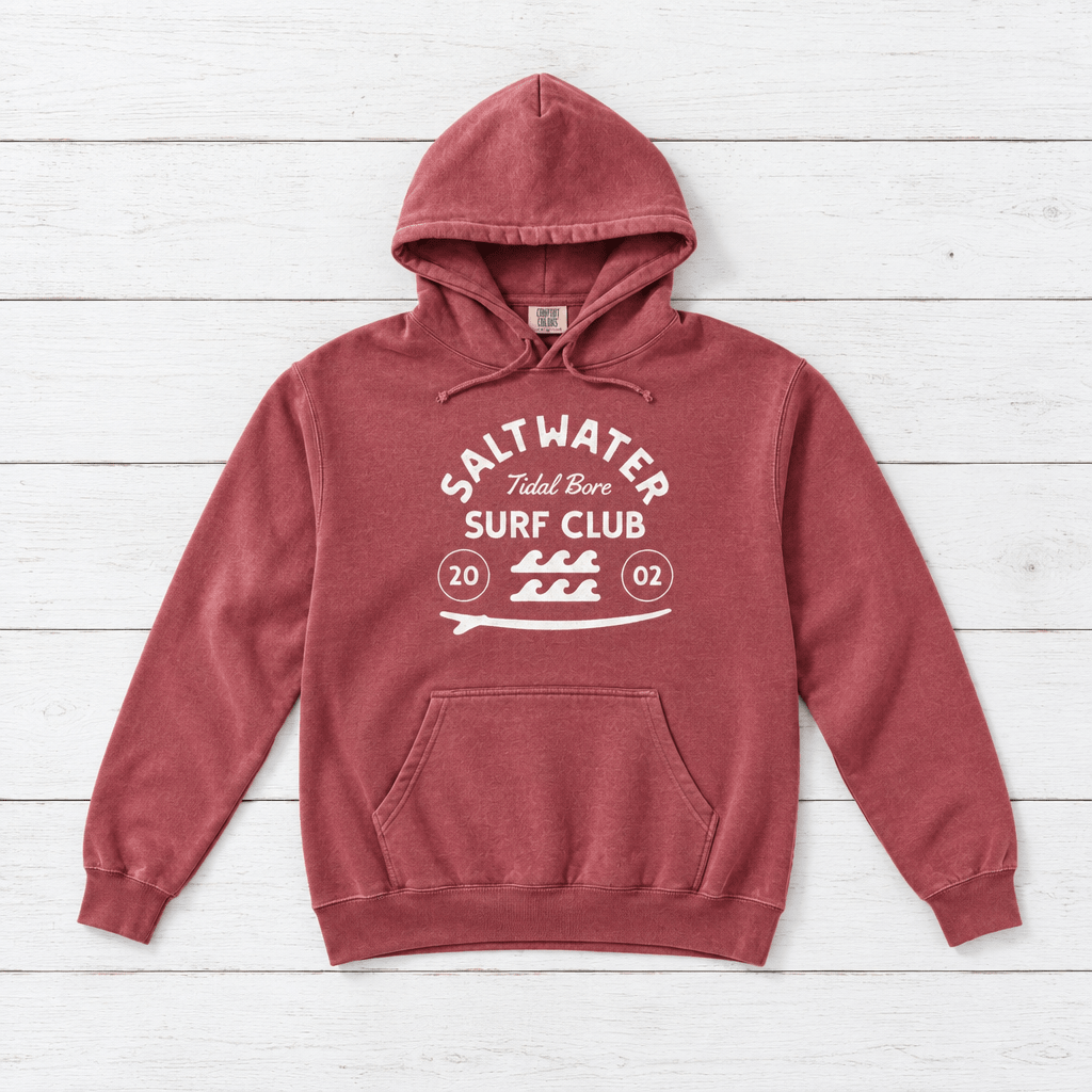 Crimson Saltwater Tidal Bore Surf Club hoodie front on whitewashed boards