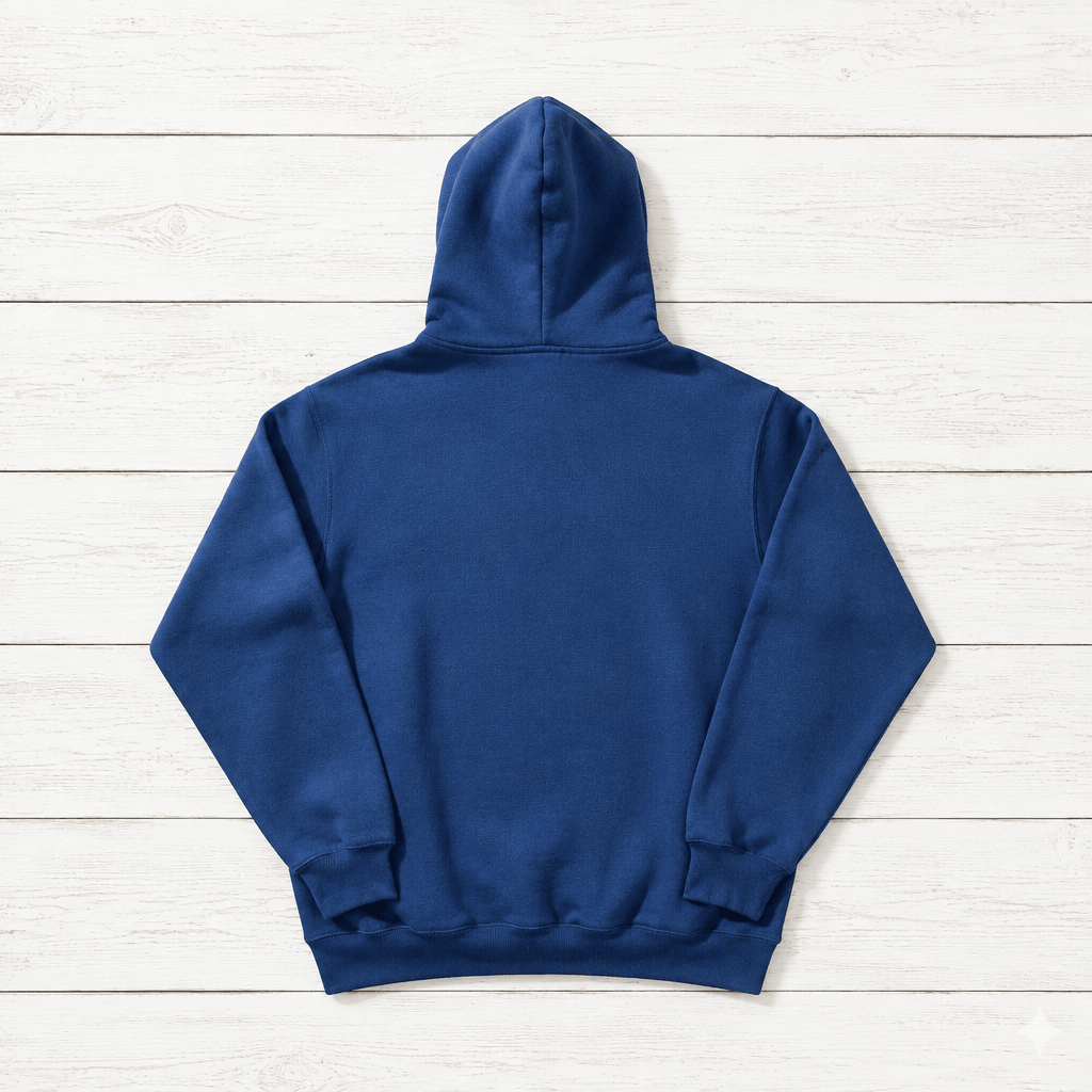 Flo Blue hoodie back flat lay on whitewashed boards