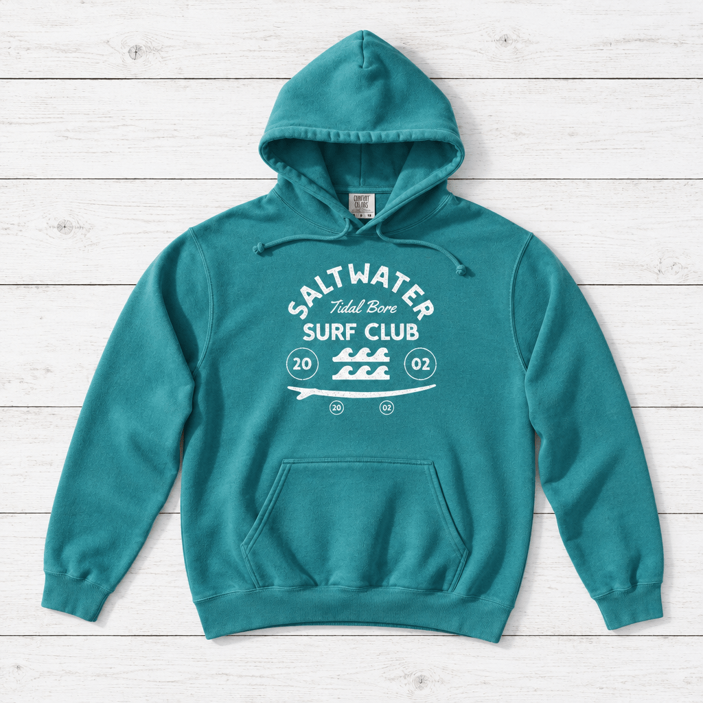 Seafoam Saltwater Tidal Bore Surf Club hoodie front on whitewashed boards