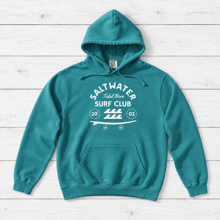 Seafoam Saltwater Tidal Bore Surf Club hoodie front on whitewashed boards