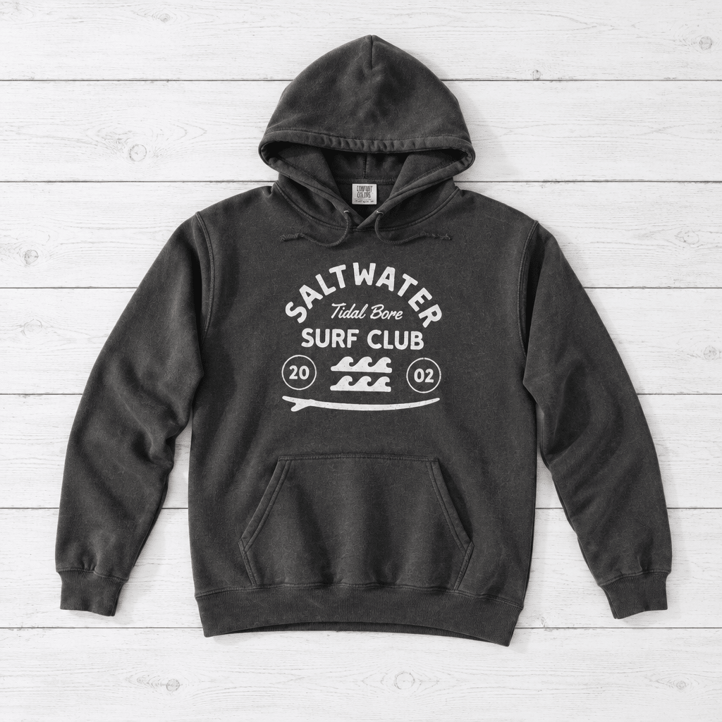 Pepper Saltwater Tidal Bore Surf Club hoodie front on whitewashed boards