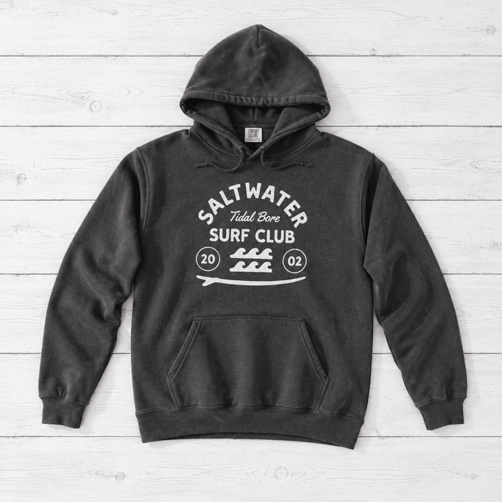 Pepper Saltwater Tidal Bore Surf Club hoodie front on whitewashed boards