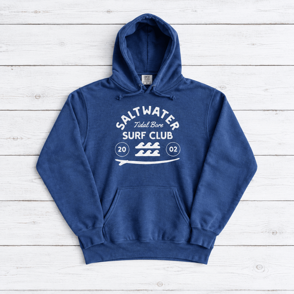 Flo Blue Saltwater Tidal Bore Surf Club hoodie front on whitewashed boards