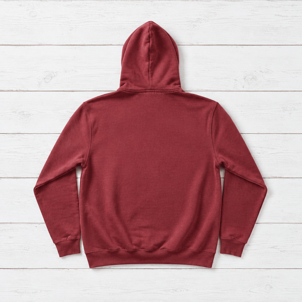 Crimson hoodie back flat lay on whitewashed boards