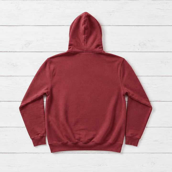 Crimson hoodie back flat lay on whitewashed boards