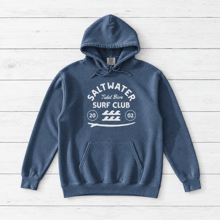 Denim Saltwater Tidal Bore Surf Club hoodie front on whitewashed boards