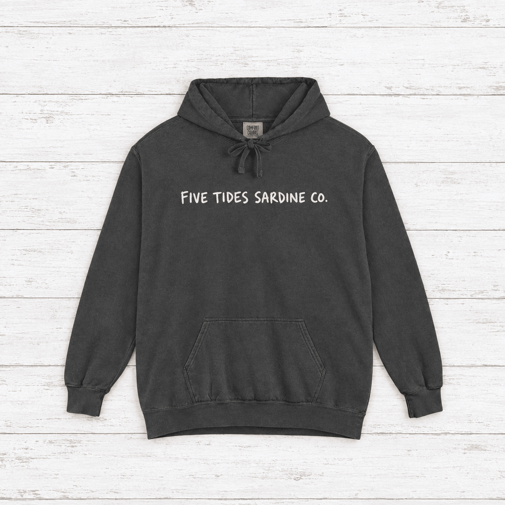 Five Tides Sardine Co. hoodie flat lay on whitewashed boards