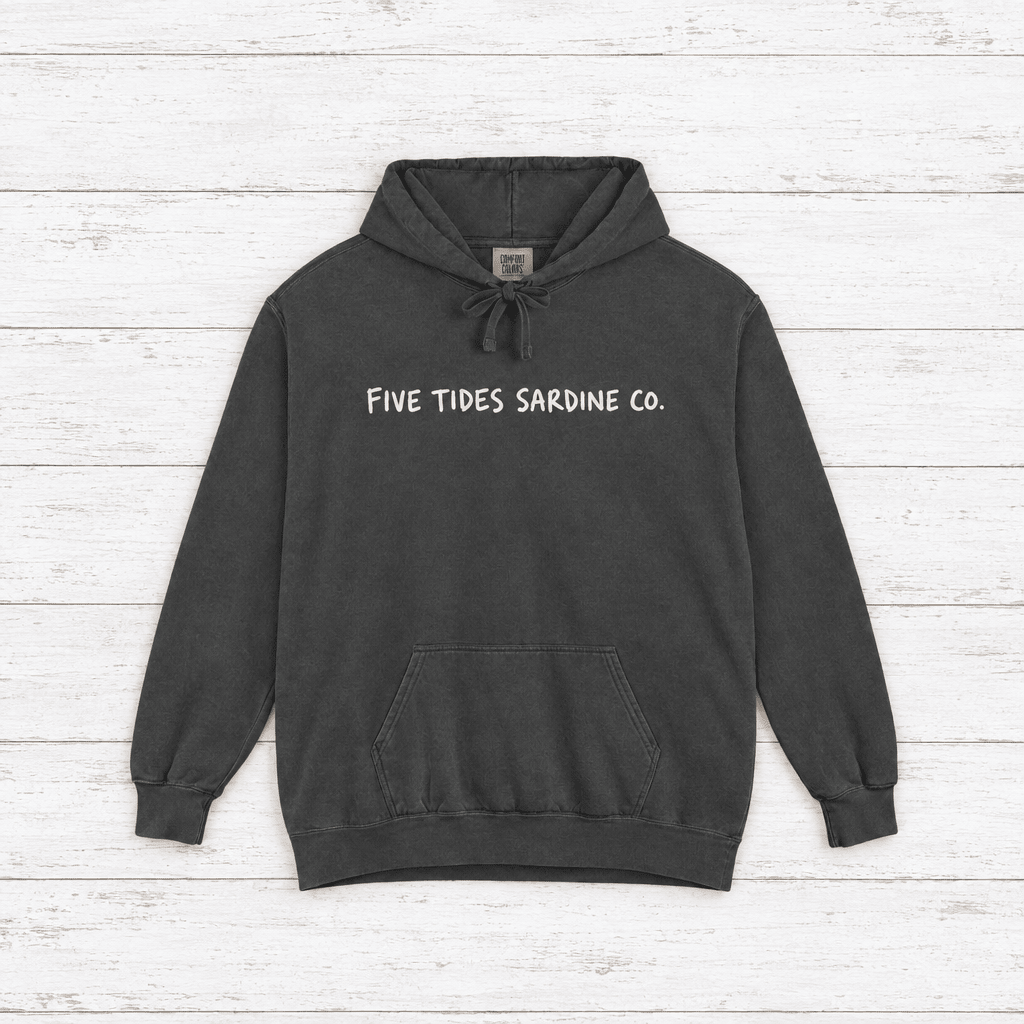 Five Tides Sardine Co. hoodie flat lay on whitewashed boards