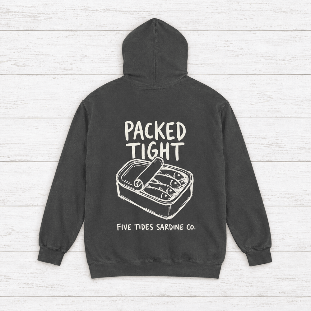 Crimson Sardine Co. hoodie flat lay, front view — coastal logo graphic pullover by Five Tides Apparel