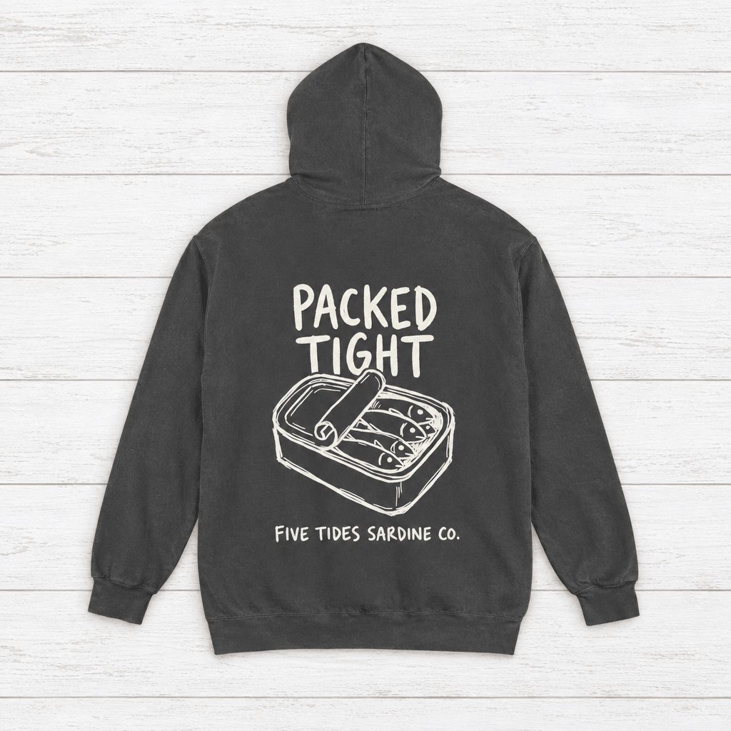 Five Tides Sardine Co. hoodie flat lay on whitewashed boards
