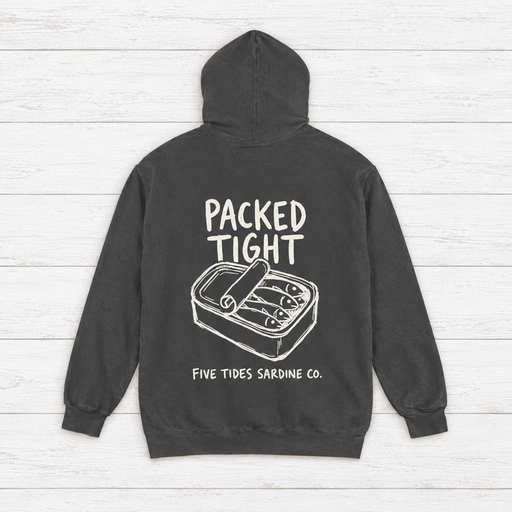 Five Tides Sardine Co. hoodie flat lay on whitewashed boards
