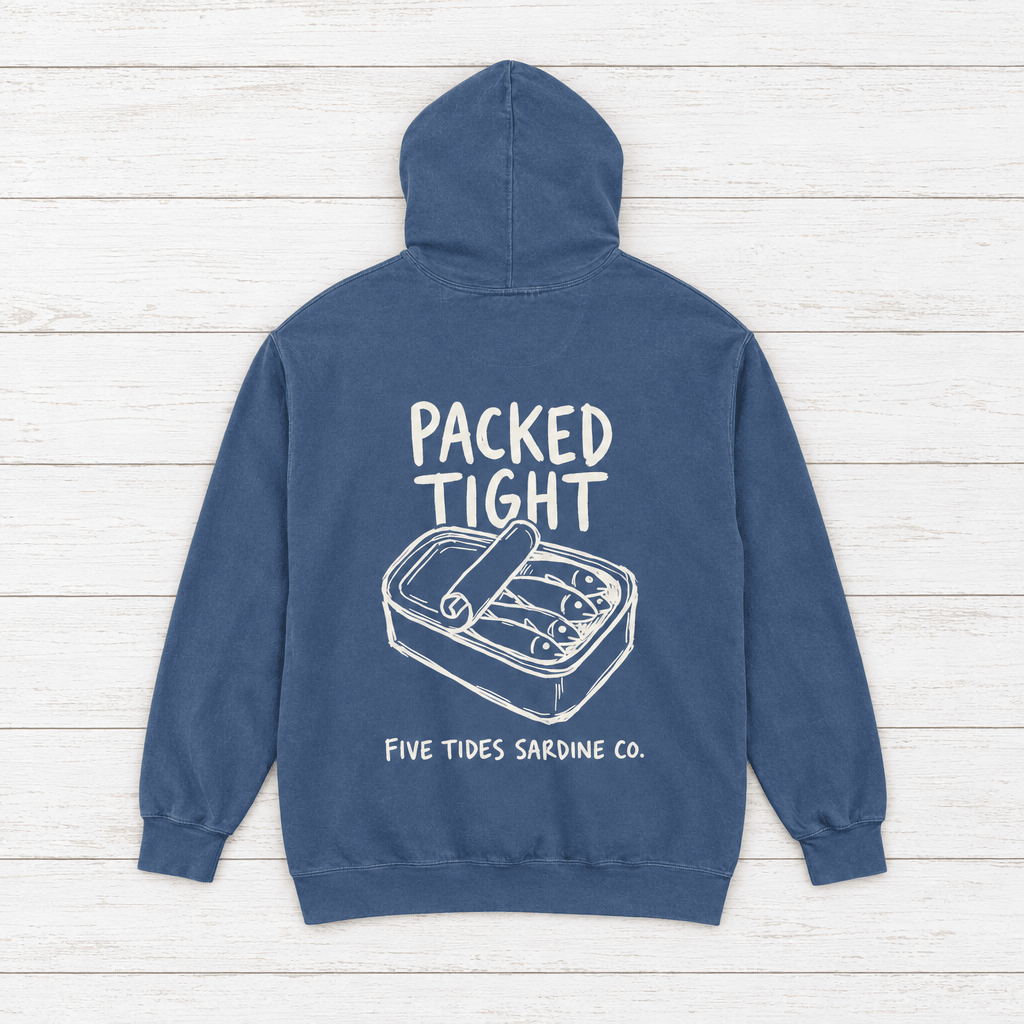 Five Tides Sardine Co. hoodie flat lay on whitewashed boards