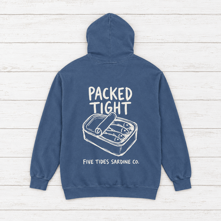 Five Tides Sardine Co. hoodie flat lay on whitewashed boards