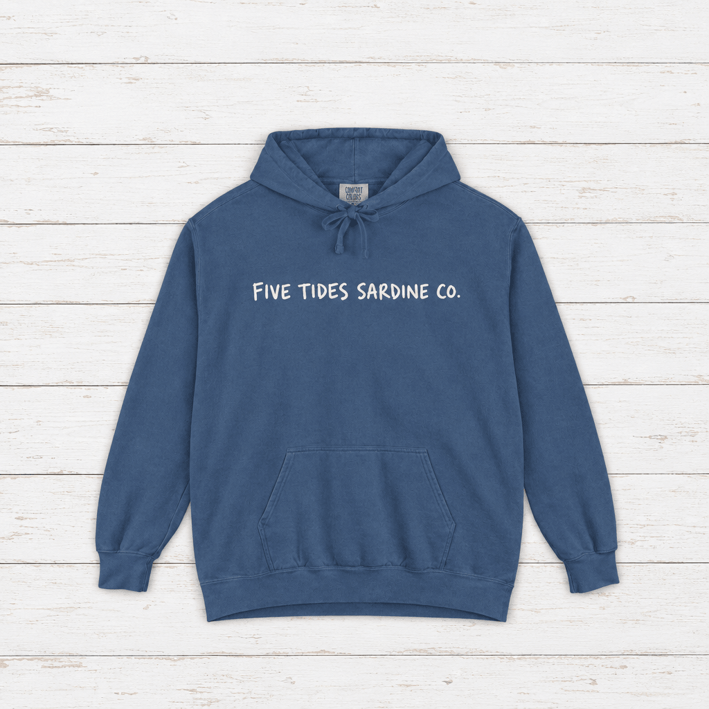 Five Tides Sardine Co. hoodie flat lay on whitewashed boards