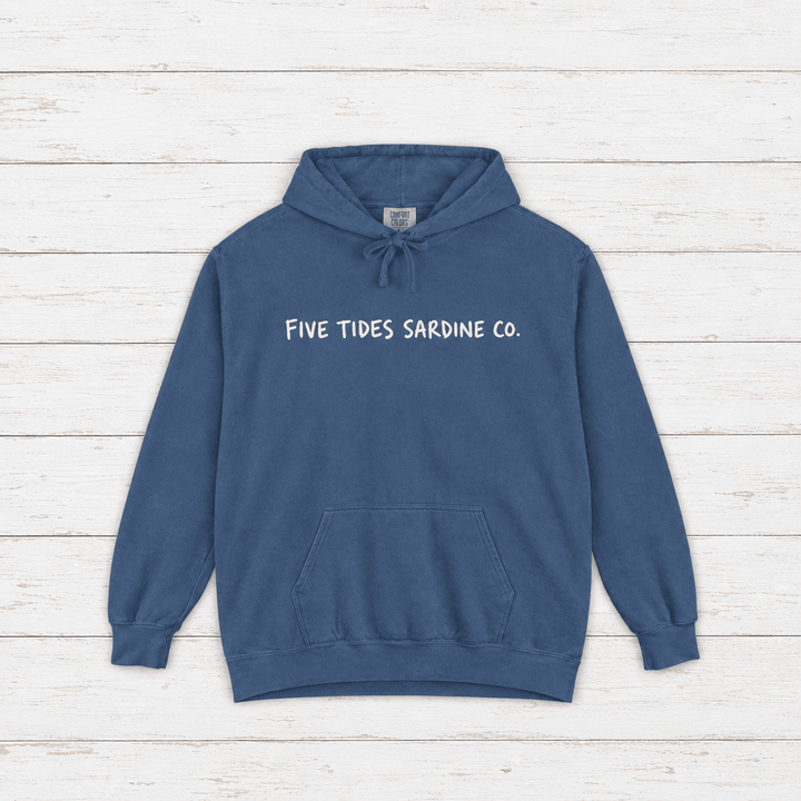 Five Tides Sardine Co. hoodie flat lay on whitewashed boards