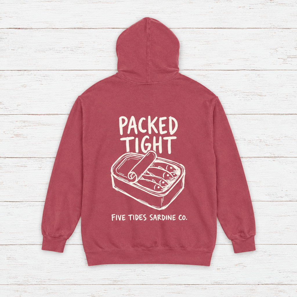 Five Tides Sardine Co. hoodie flat lay on whitewashed boards