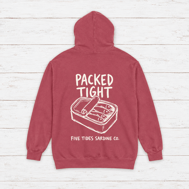 Five Tides Sardine Co. hoodie flat lay on whitewashed boards