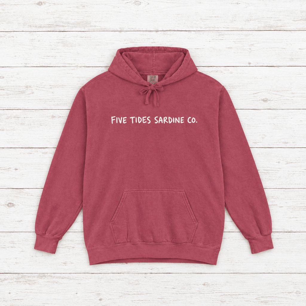 Five Tides Sardine Co. hoodie flat lay on whitewashed boards