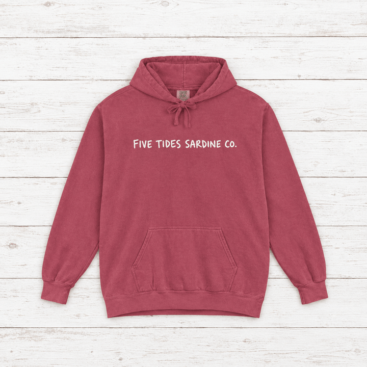 Five Tides Sardine Co. hoodie flat lay on whitewashed boards