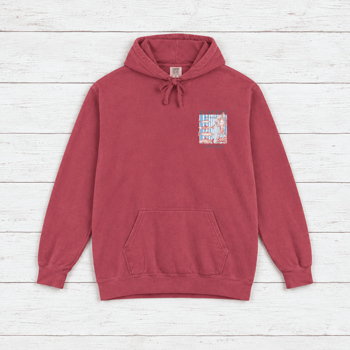 Crimson Seaport Fish Market Boston hoodie flat lay, back view — lobster print pullover by Five Tides Apparel