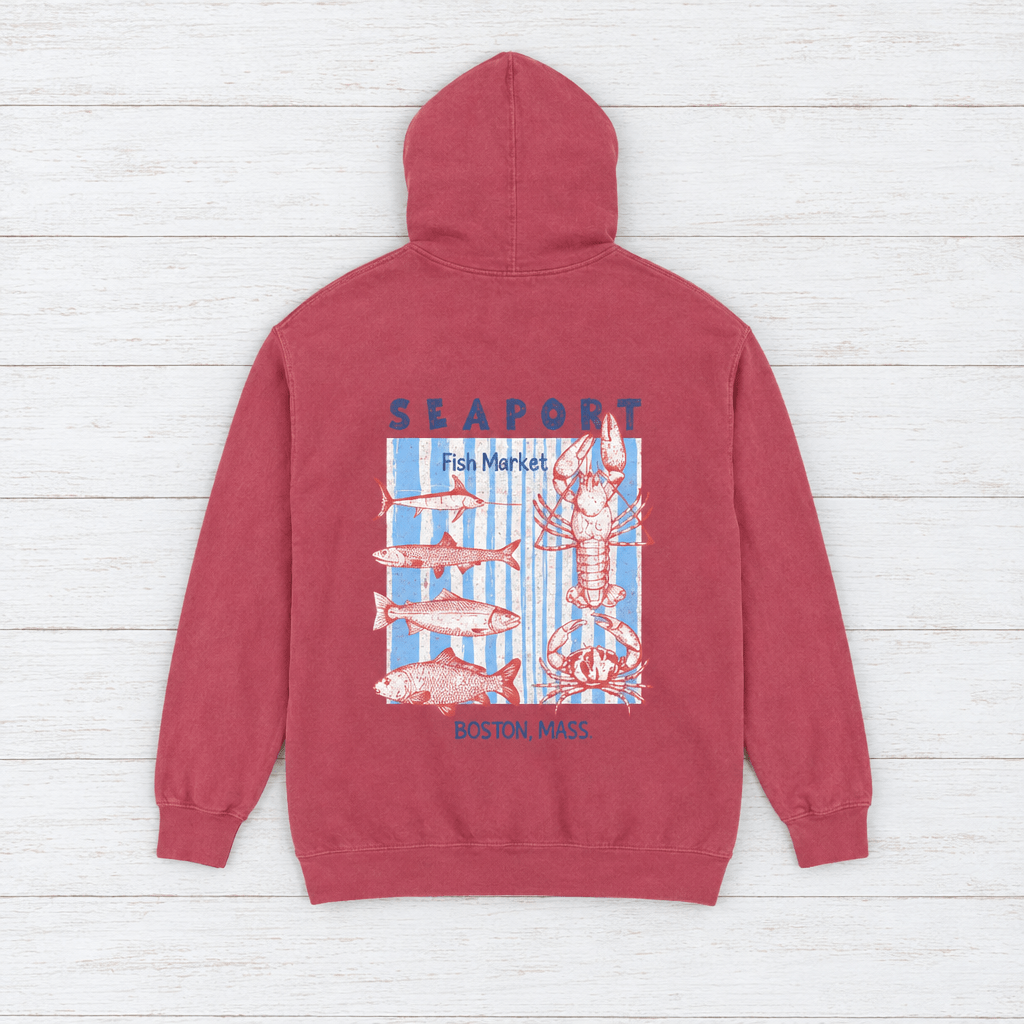 Crimson Seaport Fish Market Boston hoodie flat lay, front view — lobster graphic pullover by Five Tides Apparel