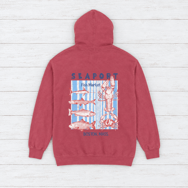 Crimson Seaport Fish Market Boston hoodie flat lay, front view — lobster graphic pullover by Five Tides Apparel