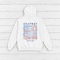 White Seaport Fish Market Boston hoodie flat lay, front view — lobster graphic pullover by Five Tides Apparel