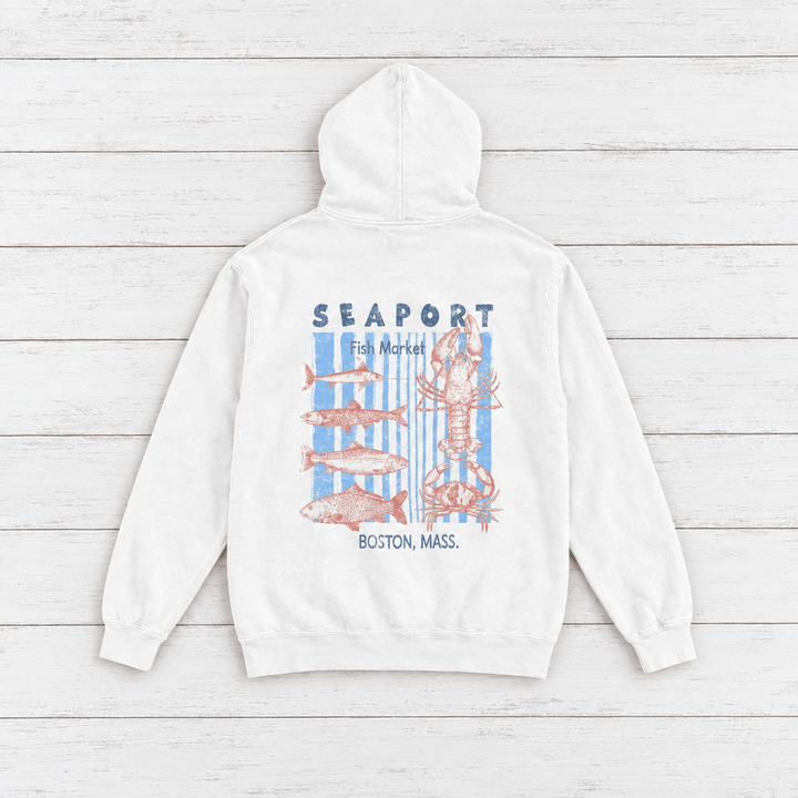 White Seaport Fish Market Boston hoodie flat lay, front view — lobster graphic pullover by Five Tides Apparel