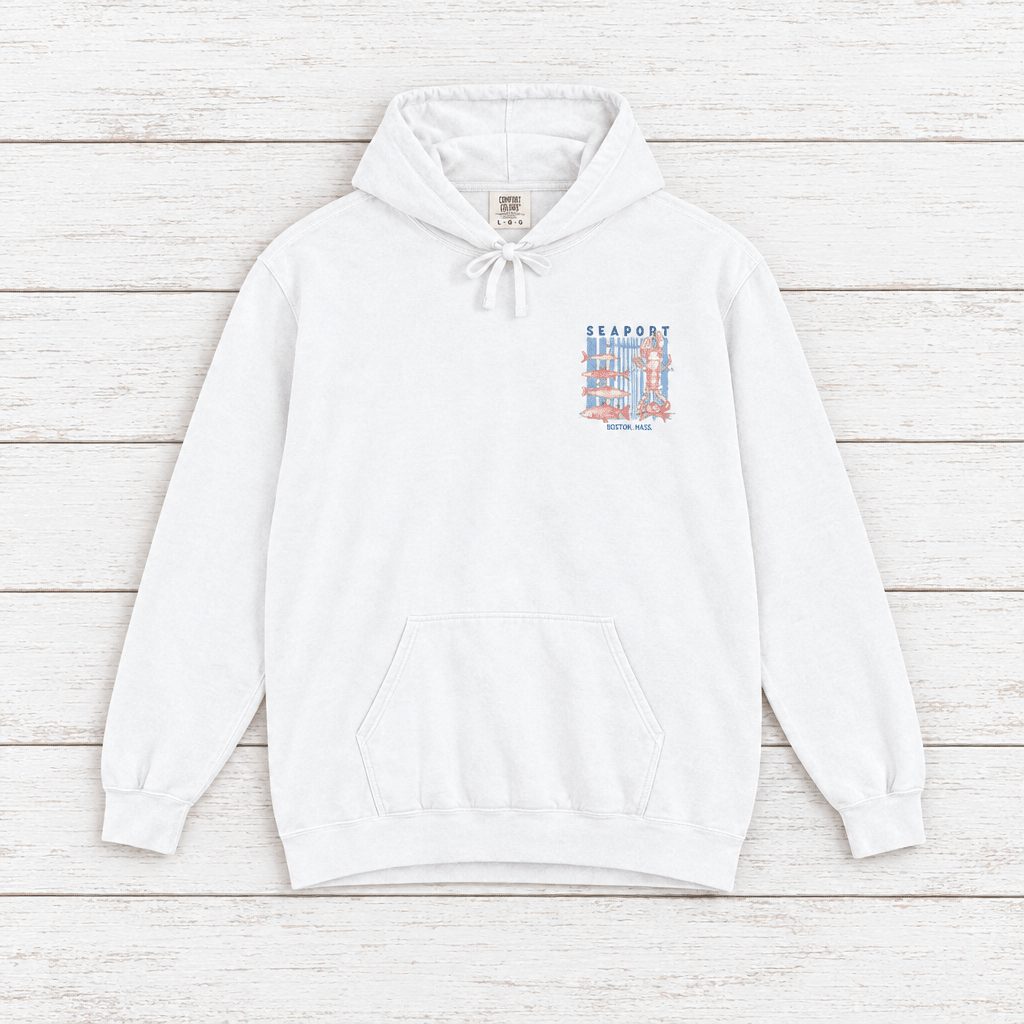 White Seaport Fish Market Boston hoodie flat lay, back view — lobster print pullover by Five Tides Apparel