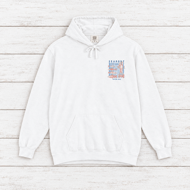 White Seaport Fish Market Boston hoodie flat lay, back view — lobster print pullover by Five Tides Apparel
