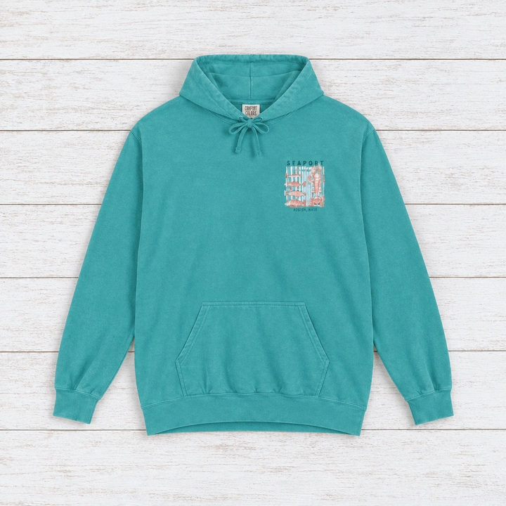 Seafoam Seaport Fish Market Boston hoodie flat lay, back view — lobster print pullover by Five Tides Apparel