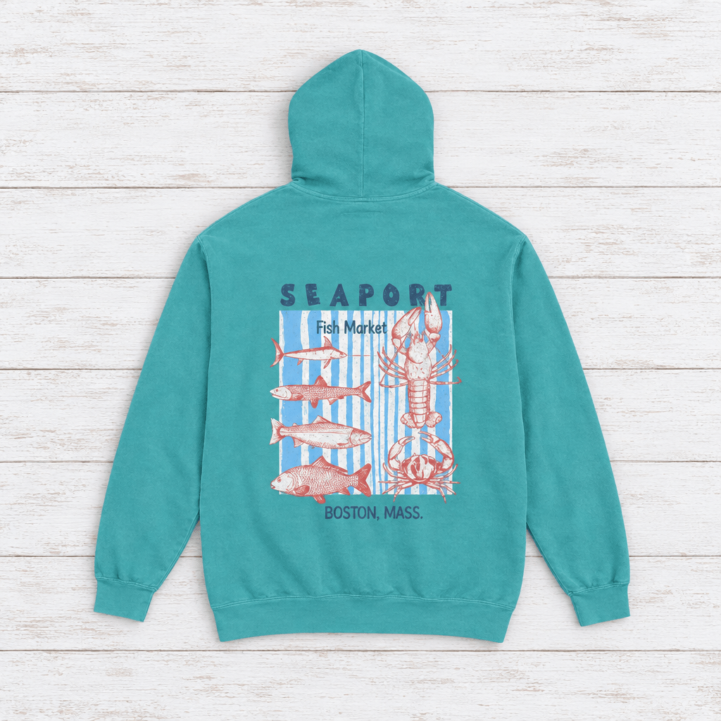 Seafoam Seaport Fish Market Boston hoodie flat lay, front view — lobster graphic pullover by Five Tides Apparel