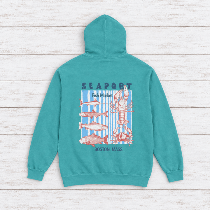 Seafoam Seaport Fish Market Boston hoodie flat lay, front view — lobster graphic pullover by Five Tides Apparel
