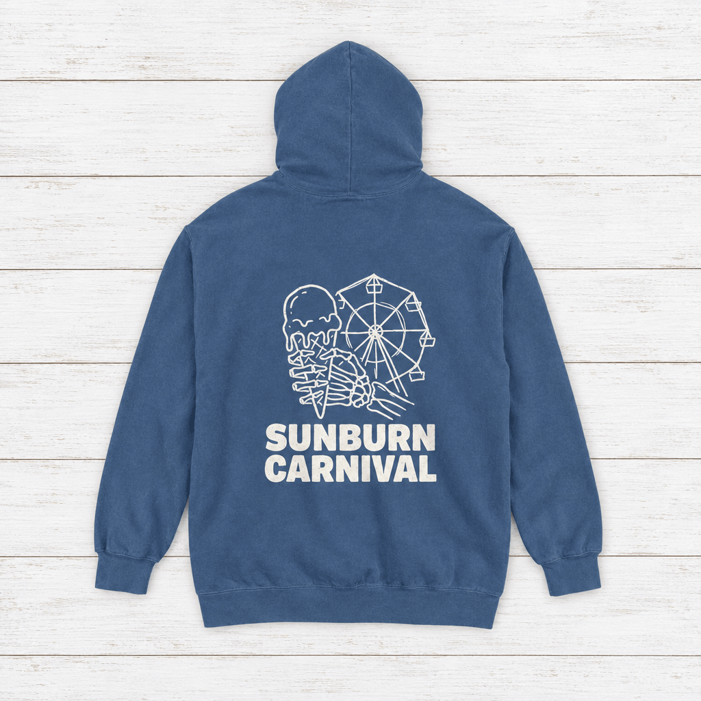Sunburn Carnival hoodie flat lay on whitewashed boards