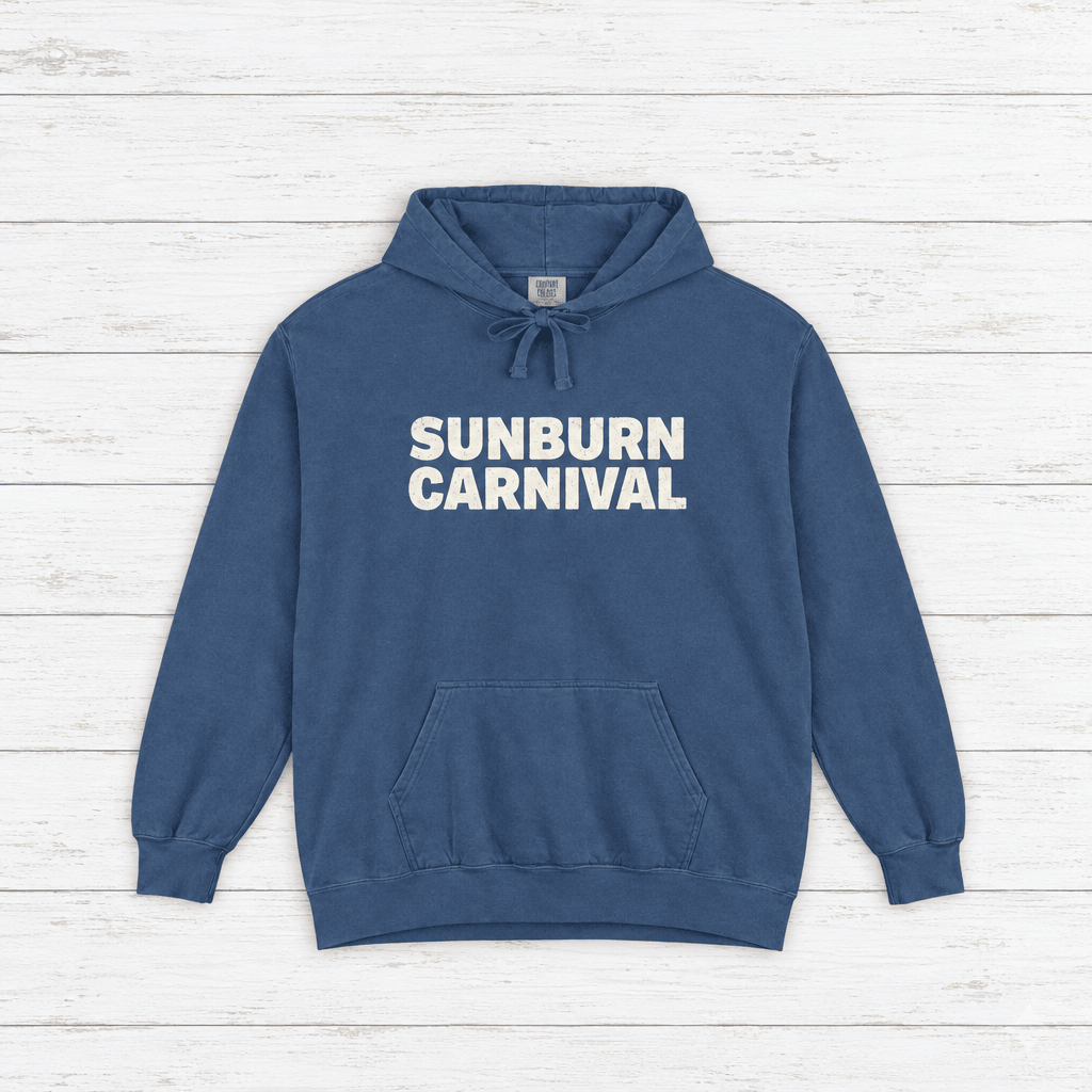 Sunburn Carnival hoodie flat lay on whitewashed boards