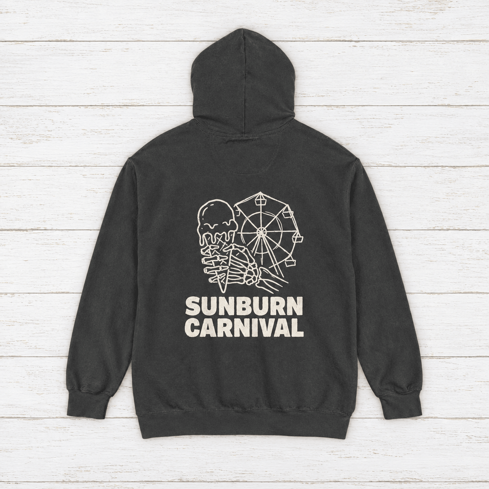 Sunburn Carnival pepper hoodie back view — skeleton hand ice cream cone and Ferris wheel graphic pullover by Five Tides Apparel