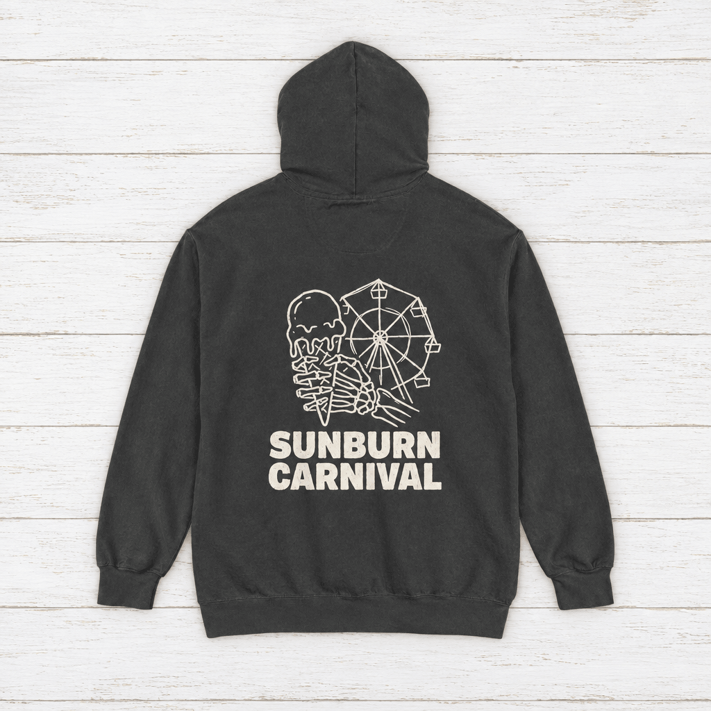 Sunburn Carnival hoodie flat lay on whitewashed boards