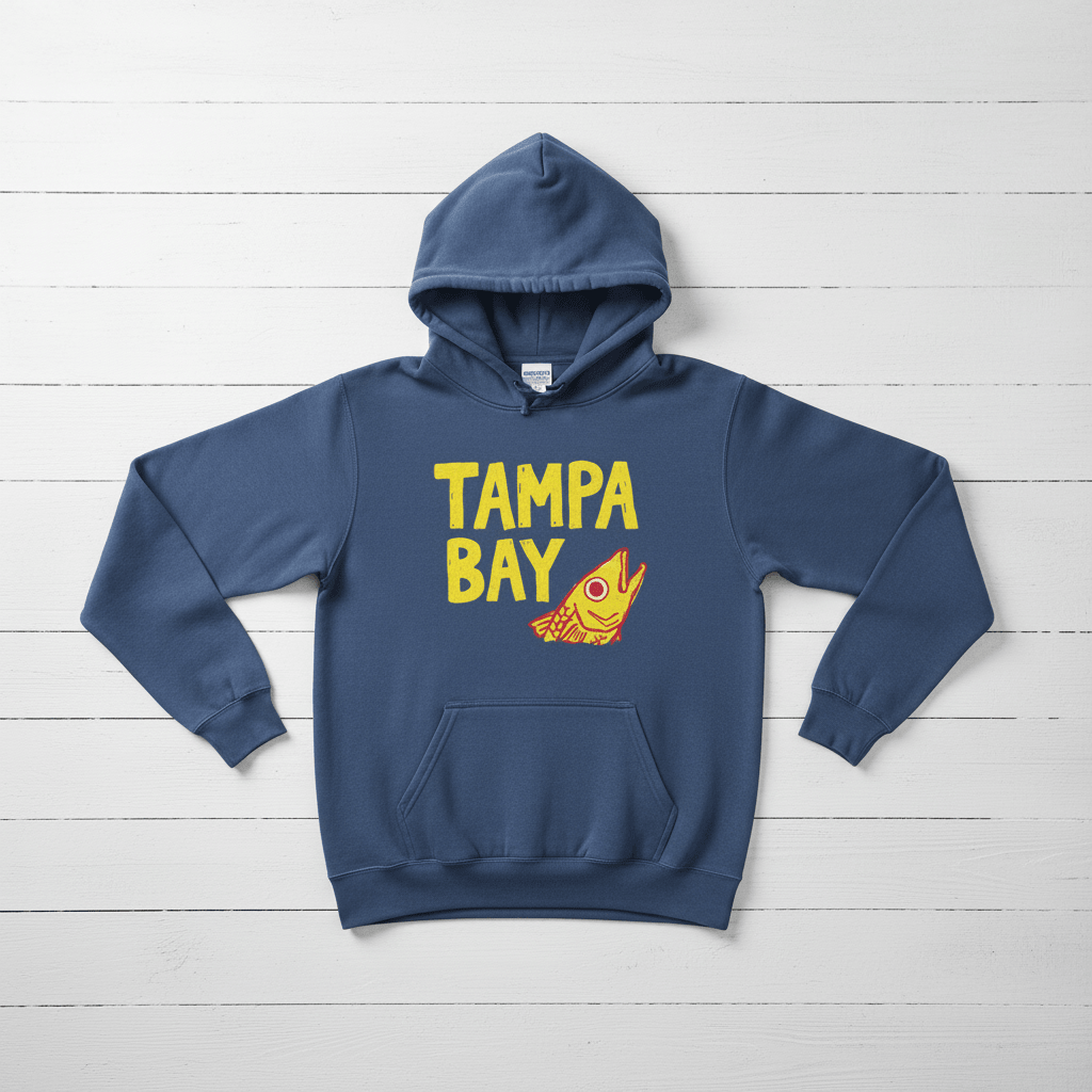 Denim blue Tampa Bay hoodie front flat lay, retake